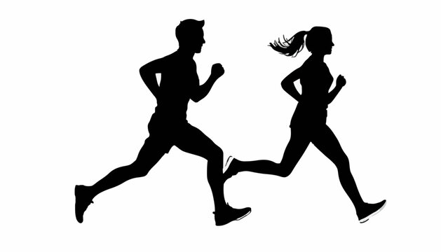 Silhouette of Running Man and Woman in Motion Isolated on White Background