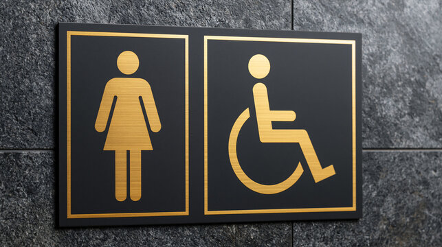 A gold-colored restroom sign for women and disabled access is mounted on a dark textured stone wall. This modern signage indicates accessible facilities for public buildings.
