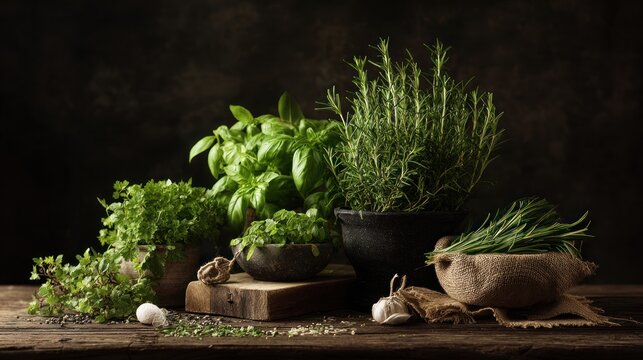 Rustic herbal still life with mortar and pestle.