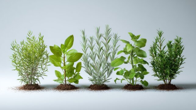Row of five different herb plants.