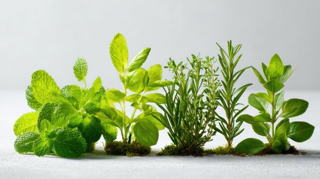 Row of diverse fresh herbs on a white background.