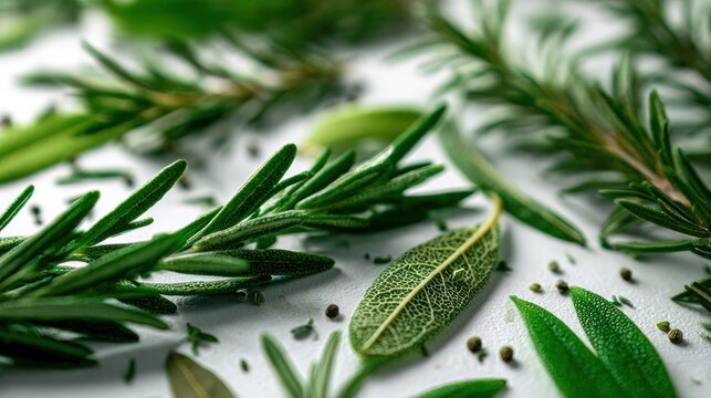 Rosemary and sage leaves with scattered peppercorns.