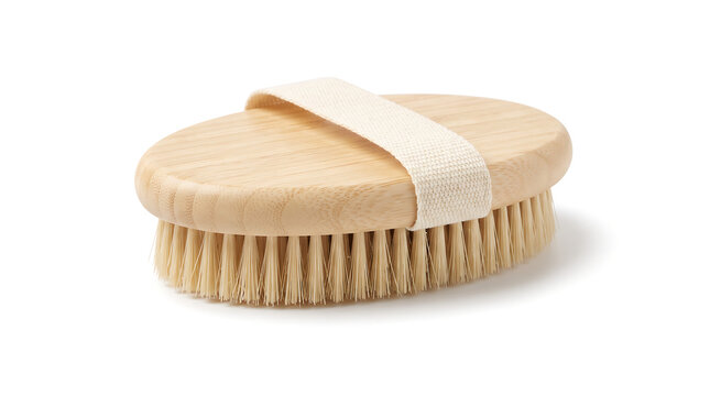 Wooden dry body brush with natural bristles and fabric hand strap isolated on white, eco friendly bath accessory for exfoliation, skin care, massage and spa wellness.