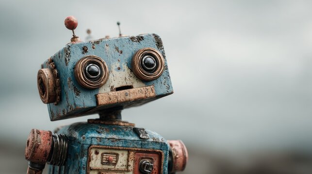 Rusty blue vintage robot head with circular eyes.