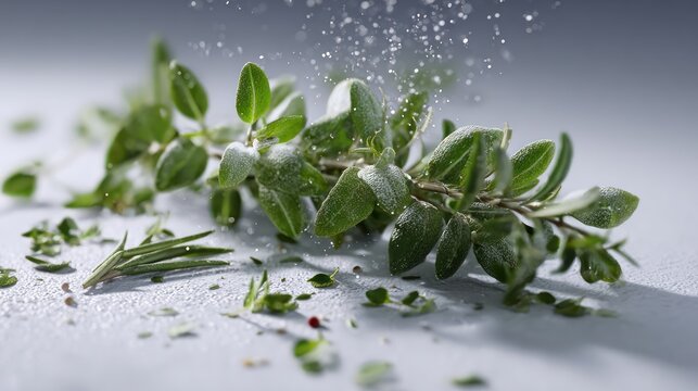 Seasoning fresh rosemary sprig with salt.