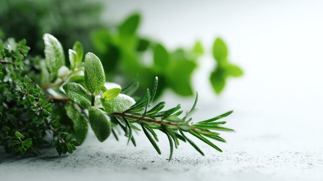 Rosemary and thyme sprigs on white.