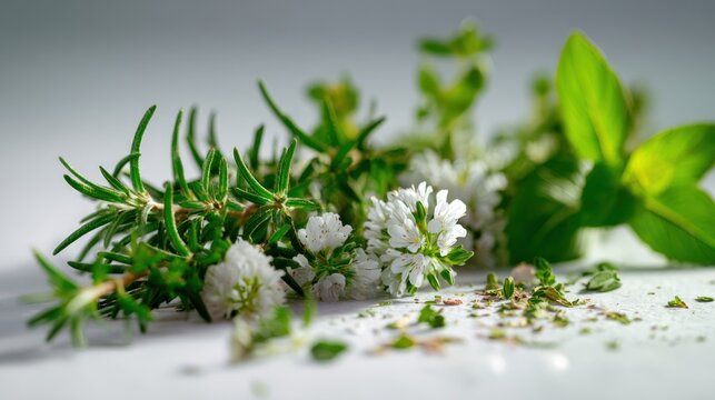 Rosemary sprigs with small white flowers.