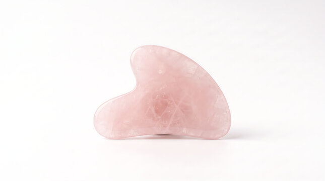 Pink rose quartz gua sha tool isolated on white, facial massage accessory for lymphatic drainage, relaxation, skincare routines, beauty therapy and natural wellness.