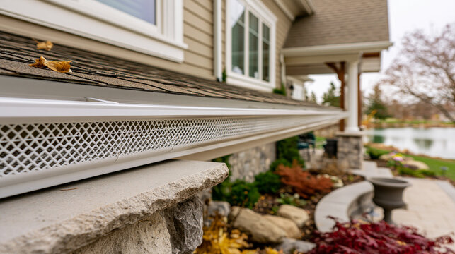 A close-up of a white gutter guard installed on a residential roof edge. This image illustrates home maintenance and protection solutions.