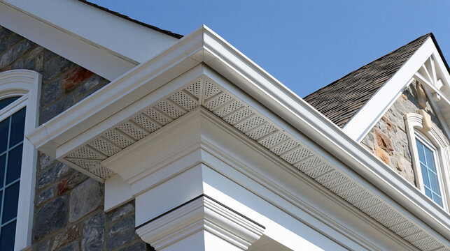 Low angle view of modern house soffits and fascia board with stone veneer. Perfect for residential construction projects and architectural design concepts.