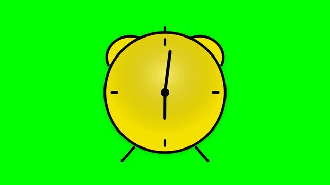 Bright yellow alarm clock with a round face and two bells on top, set against a vibrant green background, perfect for time-related concepts