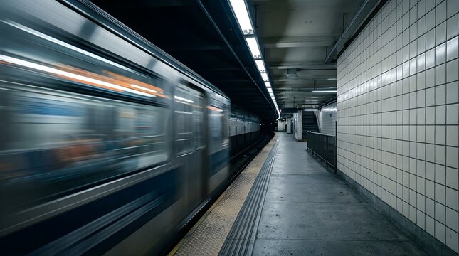 Motion blur of a high speed train passing through an urban subway station