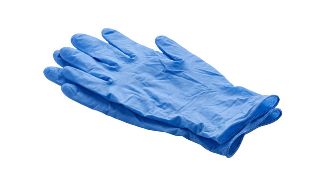 Pair of blue protective gloves lies flat on a plain transparent background for medical, clinical, or industrial laboratory use.