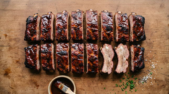 American barbecue pork ribs brushed with rich glossy BBQ sauce.