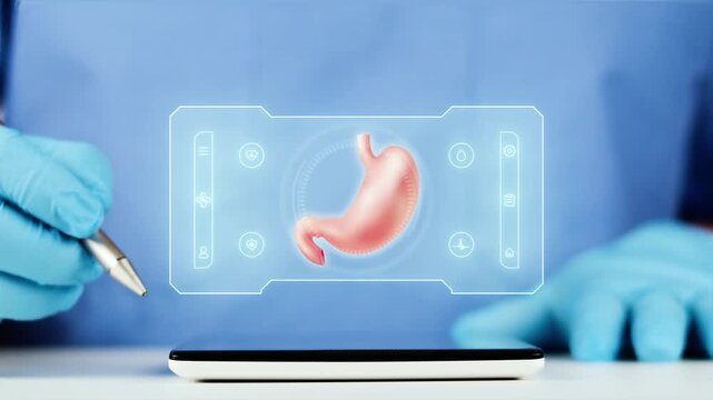 Doctor presents the digital stomach interface on a tablet. Gastroenterology concept, AI-powered telemedicine for digestive monitoring, gastric analysis, and diagnosis.