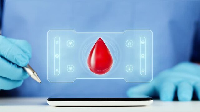 Doctor presents digital blood test interface on tablet. Hematology concept, AI-powered telemedicine for blood monitoring, analysis, and medical diagnosis.