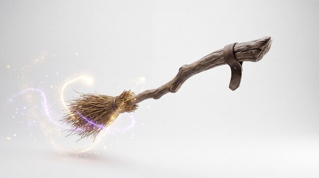 Flying magic broomstick with glowing sparkles on light background