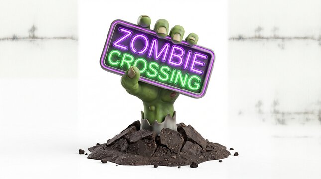 Green zombie hand holding neon zombie crossing sign