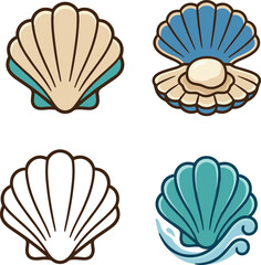 Scallop Sea Shell Logo Template Set Featuring Open Clam with Pearl Ocean Wave and Flat Outline Vector IllustrationsScallop Sea Shell Logo Template Set Featuring Open Clam with Pearl Ocean Wave and Fla © Mohammad