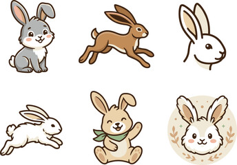 Cute Rabbit Hare and Bunny Cartoon Character Set Featuring Various Poses Like Running Sitting Waving and Head Circle EmblemCute Rabbit Hare and Bunny Cartoon Character Set Featuring Various Poses Like © Mohammad