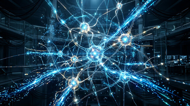 Neural network with glowing blue synapses firing in a technological environment representing brain activity
