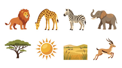 Obraz premium African Safari Animals Vector Set Featuring Lion, Giraffe, Zebra, Elephant, Gazelle, Acacia Tree, Sun, Savanna Landscape, And Grasslands Scenery