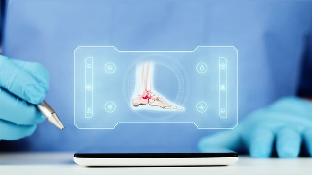 Doctor presents a digital interface of foot anatomy on a tablet. Concept of podiatry and traumatology, AI-powered telemedicine, bone monitoring, and medical diagnosis.