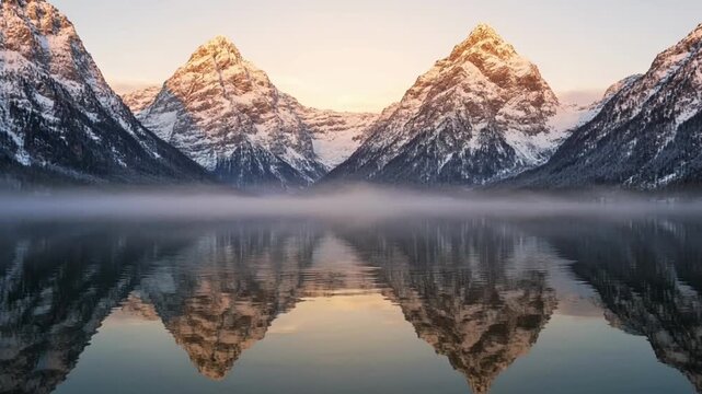 Majestic snow capped mountains reflecting on calm lake surface during golden hour sunset in this cinematic high resolution motion video