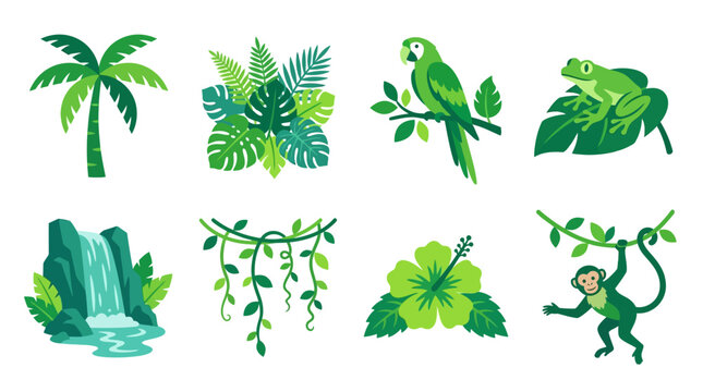 Vector Set Of Tropical Jungle Elements Including A Palm Tree, Exotic Plants, A Parrot, A Frog, A Waterfall, Vines, A Hibiscus Flower, And A Monkey, All In Green Tones