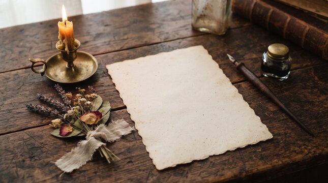 Vintage writing scene with aged paper, candle, ink bottle, and quill on rustic wooden table