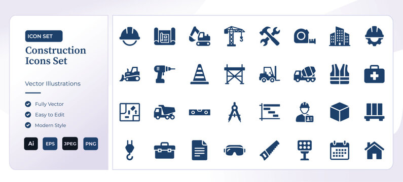 Construction tools and equipment vector icons set