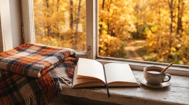 Cozy autumn scene with open book blanket and cup of tea on windowsill overlooking fall foliage