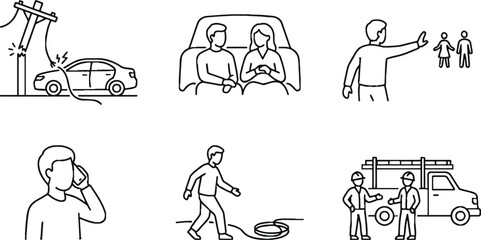 Obraz premium Collection of minimalist line art icons depicting power line safety emergency procedures during an electrical hazard and car accident response