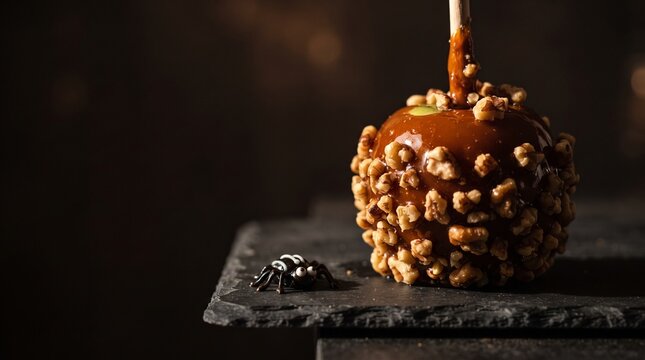 Closeup of caramel apple coated with nuts on dark background with spider decoration