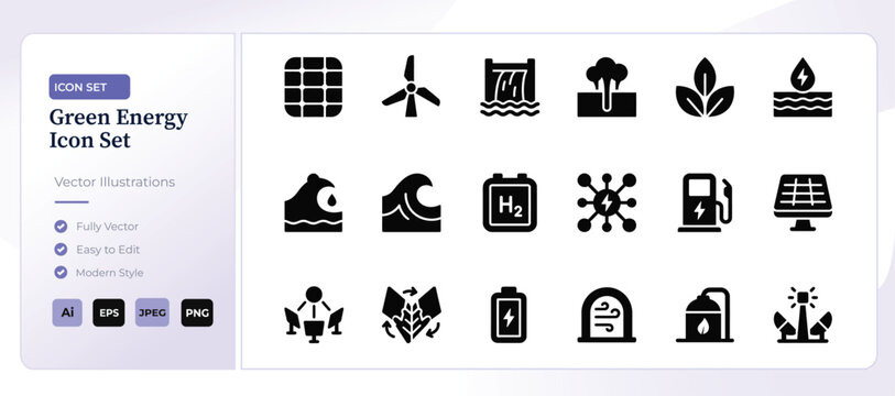 Green energy renewable power generation glyph icons