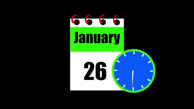 January month 26 date calendar icon animation. Animated Calendar Icon Showing Date Change with Clock Symbol for Appointment Scheduling and Deadlines. Modern design calendar symbol background 4k video.