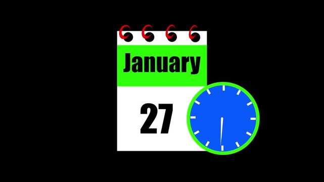 January month 27 date calendar icon animation. Animated Calendar Icon Showing Date Change with Clock Symbol for Appointment Scheduling and Deadlines. Modern design calendar symbol background 4k video.