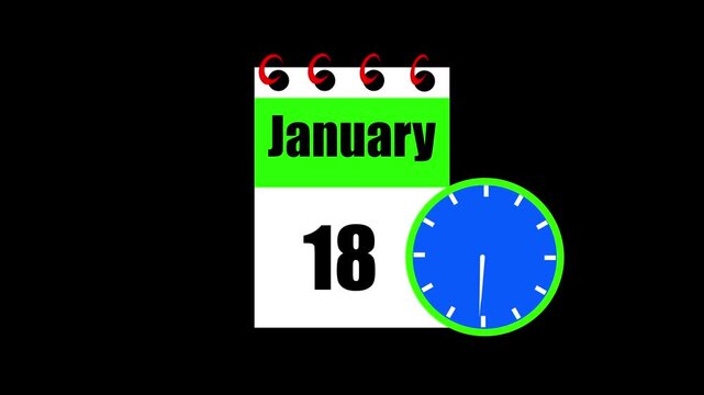 January month 18 date calendar icon animation. Animated Calendar Icon Showing Date Change with Clock Symbol for Appointment Scheduling and Deadlines. Modern design calendar symbol background 4k video.