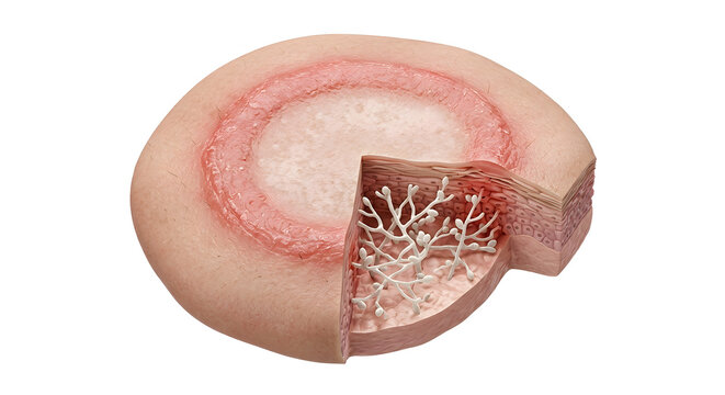Medical 3D Illustration of a Fungal Skin Infection (Ringworm) Cross-Section Demonstrating Hyphae Anatomy