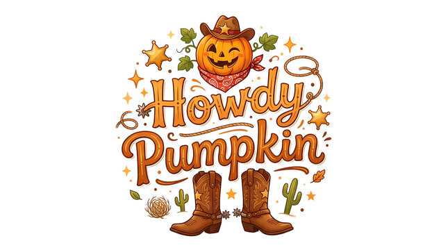 Howdy pumpkin text with cowboy hat pumpkin cowboy boots and western elements.