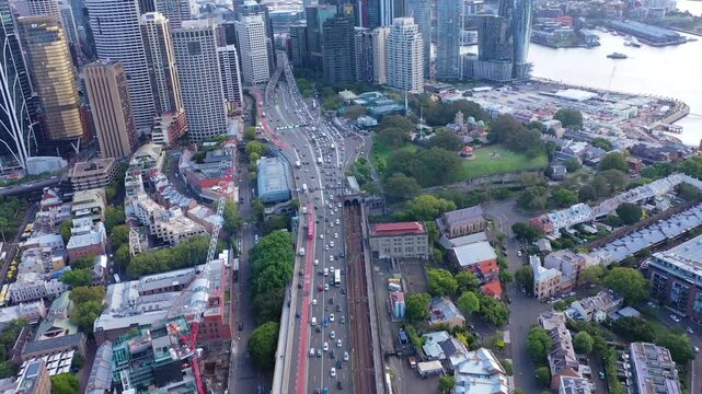 Aerial View of Heavy Rush Hour Traffic on Sydney Highway with City CBD Skyscrapers