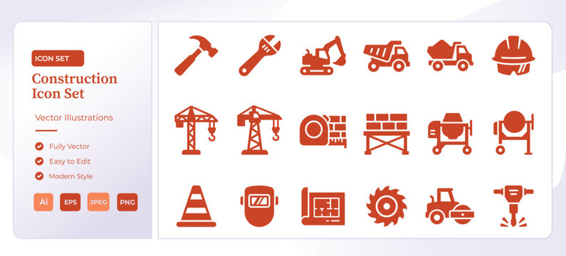 Construction icon set presenting building tools and equipment