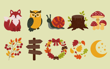 Obraz premium Cute Autumn Woodland Clipart Collection with Forest Animals, Fall Leaves and Seasonal Nature Elements