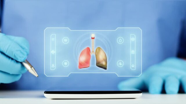 The doctor presents the digital interface for damaged lungs on his tablet. Concept of pulmonology, AI-powered telemedicine, respiratory monitoring, analysis, and medical diagnosis.