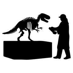 Silhouette of Paleontologist Examining Dinosaur Skeleton Exhibit. © Erik