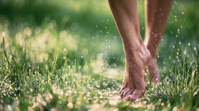 Bare female feet walking through lush summer grass covered in morning dew