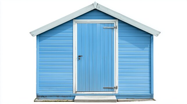 Blue garden shed with a door isolated on white background, outdoor storage concept