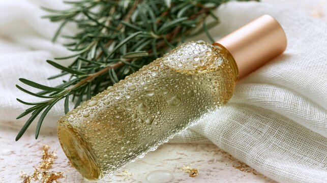 Elegant transparent glass hair oil bottle with tiny droplets