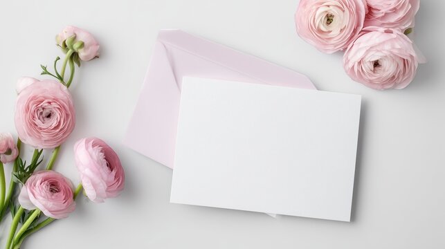 Romantic Valentine invitation mockup with envelope and ranunculus flowers