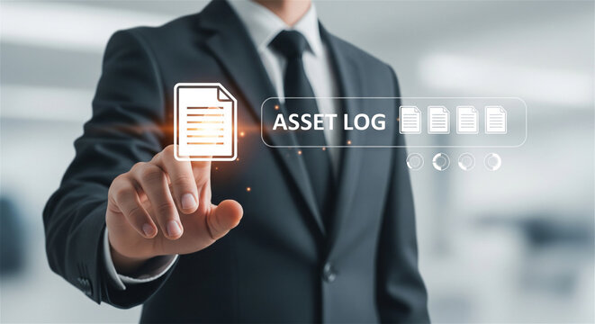 Digital asset log management system, businessman touching virtual document icon, corporate data tracking technology